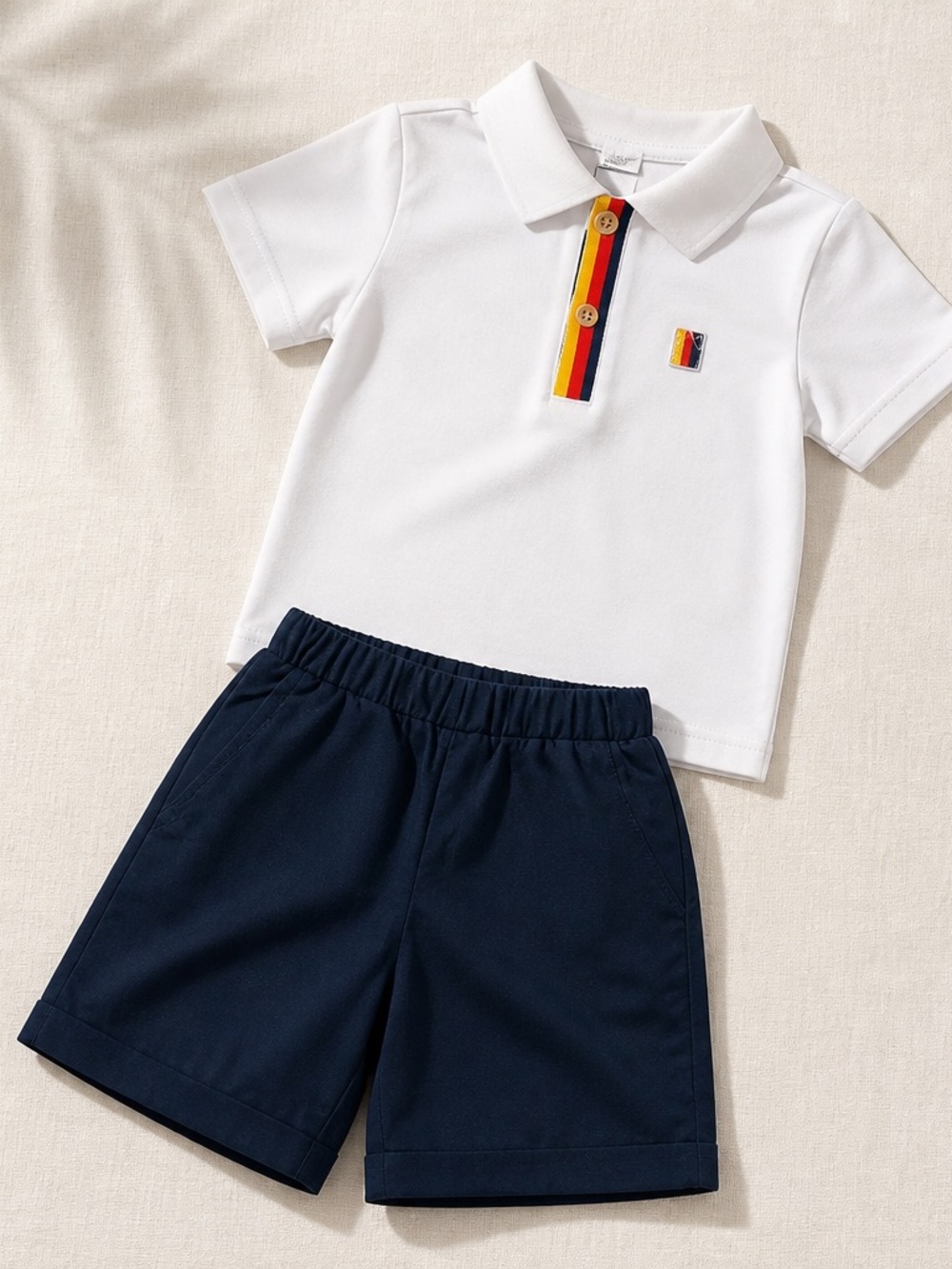 White Polo Shirt with Multicolor Stripe Placket - Kids